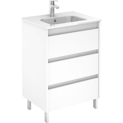 Conjunto mueble de baño de 3 cajones SANSA - ROYO Color: Blanco brillo - Opciones: Mueble + Lavabo - Medidas: 60 cm