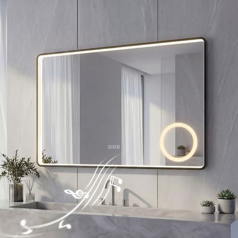 AquaWise Miroir lumineux de salle de bain Cadre noir 80x60 cm avec Bluetooth  Anti-buée 3 couleurs de lumière, Dimmable,Mémoire,IP44