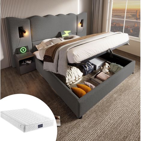 lit coffre 160x200 avec lampe USB-C, lin gris HAVRYA (1/5)