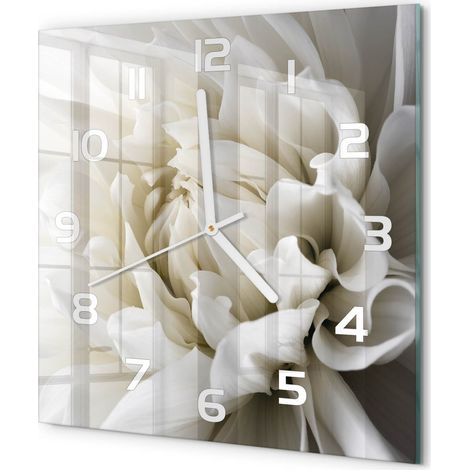 Horloge Murale Carrée Décoration Murale Verre Trempé Design Artistique Dahlia blanc 30x30 cm (1/5)