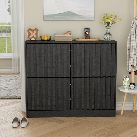 UEV – Armoire à chaussures inclinable avec 4 abattants – Étagère réglable et amovible – MDF noir 102 x 24 x 86,5 cm pour entrée ou couloir