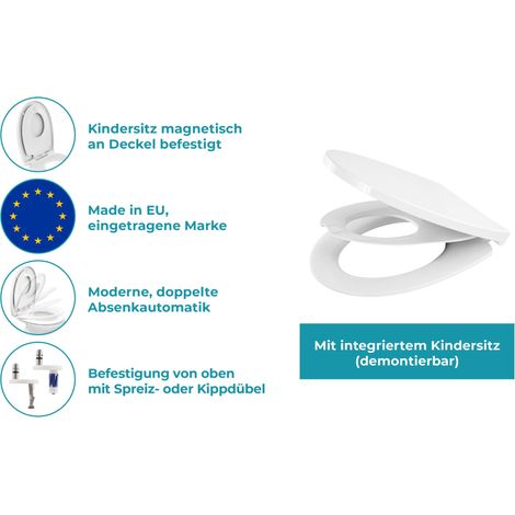 Calmwaters® Familien WC-Sitz, Toilettendeckel mit integriertem Kindersitz, einzeln lösbar, Absenkautomatik, 2 Montage-Optionen von oben, abnehmbar, antibakteriell, ovale Klobrille Weiß