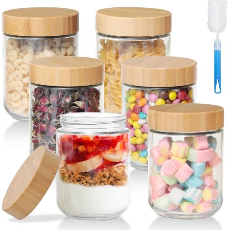 Overnight Oats Jar, Lot de 6 Pot en Verre 480ml Hermétique, Bocaux Yaourt Avoine en Verre avec Couvercle en Bois à Vis Scellés, Meal Prep Containers pour Préparation des Repas Yaourt Céréales (1/5)