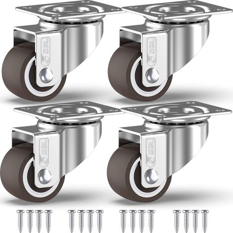 Roulette 4 roulettes pivotantes pour meubles sans frein + vis - 33 mm à 40 kg - Mini roulettes sans trace pour sols lourds - Roues en caoutchouc pour chariot - Argent (1/4)