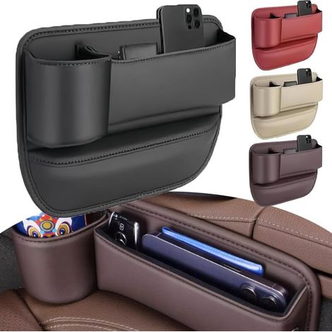 Csparkv – Organiseur latéral pour siège de voiture – Boîte de rangement cuir PU antidérapant – Poches multifonctions avec porte-gobelet – Compatible toutes voitures (1/3)