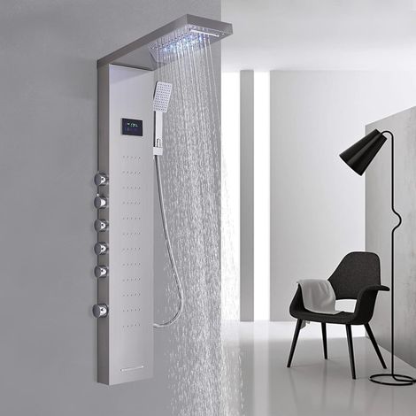 Colonne de Douche Hydromassage Acier Inox LCD Affichage Température d'Eau Colonne Douche en Panneau Douche Système Douchette à Main avec Buses Massants Jets de Massage (1/5)