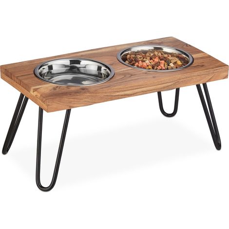 Relaxdays raised dog bowl set, double dishes, 2 stainless steel water bowls, feeder stand, acacia wood, 1200ml, brown (1/5)
