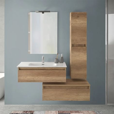 Mobile bagno sospeso 80 rovere naturale con 2 cassetti e pensile Nadia (1/5)