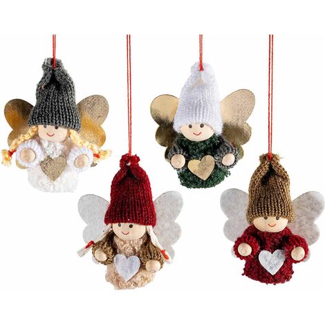 Angioletti natalizi in legno da appendere con abito e cappellino in stoffa, con cuore oro e bianco, set da 20 pezzi, cm 6 x 2,5 x 7 H