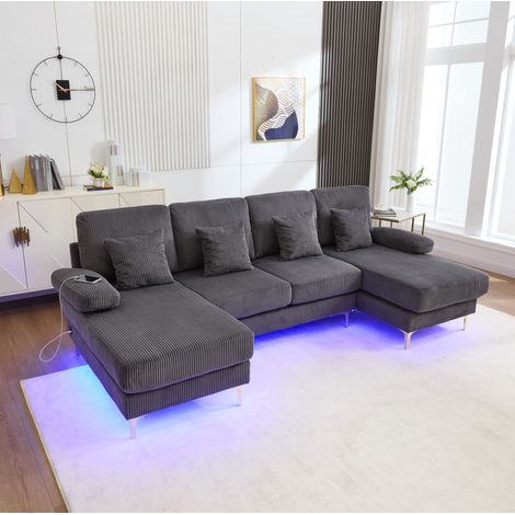 Divano a U in velluto grigio 265 x 135 x 88 cm con LED integrato e porta USB (1/5)