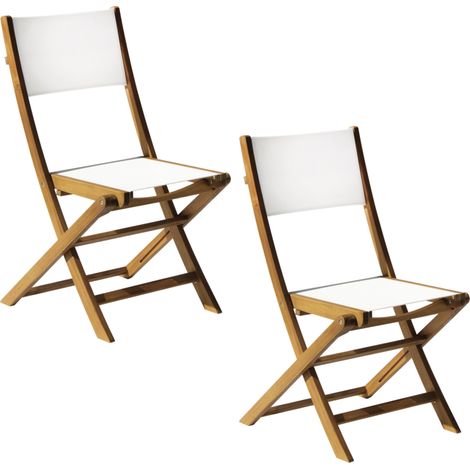 Set 2 Sedie da Giardino Pieghevoli in Legno di Acacia con Seduta in Textilene Bianco (1/5)