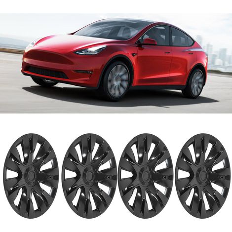 (T04) (Video verfügbar) 4 glänzende anthrazitgraue Radkappen für Tesla Model Y 19 Zoll 2020-2023 (Meteoritenmuster, keine Markierungen) (1/5)