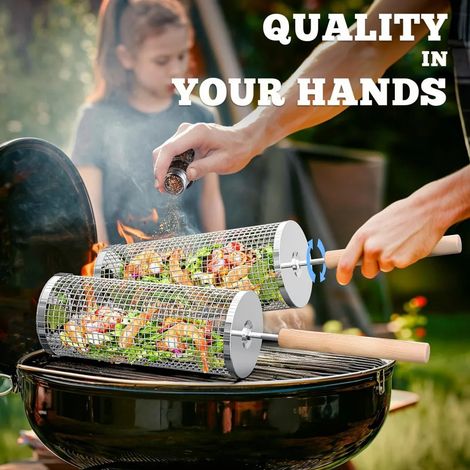 Panier à roulettes avec filet pour barbecue, poignée en bois (1/5)