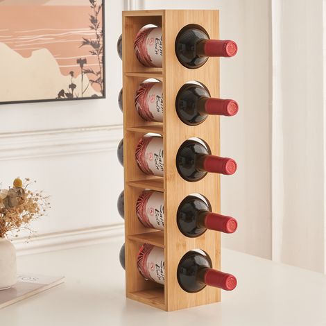 Skecten® Weinregal CUBE - stapelbar aus Bambus-Holz für 5 Wein-Flaschen zum Stellen, Legen, Wand-Montage, erweiterbar, Größe 13,5x12x53 cm (LxBxH) Weinflaschenhalter Weinkiste Flaschenregal (1/5)