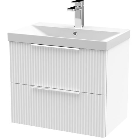 Tixall Fluted 2 Drawer Wall Hung Vanity Unit with Thin Edge Basin, Satin White, 600mm