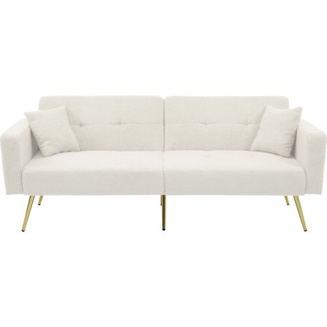 Divano letto convertibile bianco con schienale regolabile, gambe dorate e cuscini (1/5)