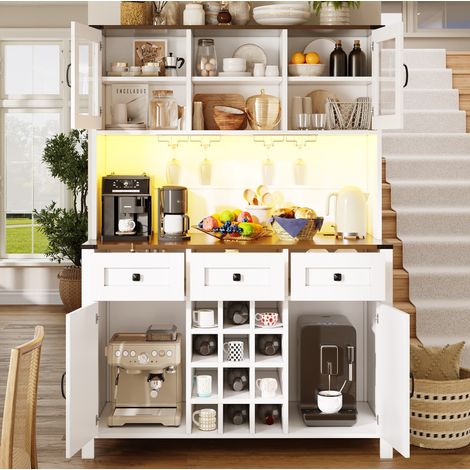 REDOM - Credenza da cucina 120x40x170 cm, prese e porte USB, illuminazione a LED, contenitore versatile, MDF e vetro bianco (1/5)