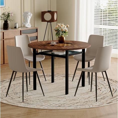 REDOM - Ensemble table ronde et 4 chaises, plateau en MDF avec insert en verre, structure en métal, PU brun gris (1/5)