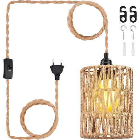 Pendant Light with Plug, 4.5M E27 Rattan Pendant Light and Cable, Vintage Hanging Light Fixture for Kitchen, Balcony, Hallway, Dining Table, Gazebo, Corridor, Indoor (1/5)