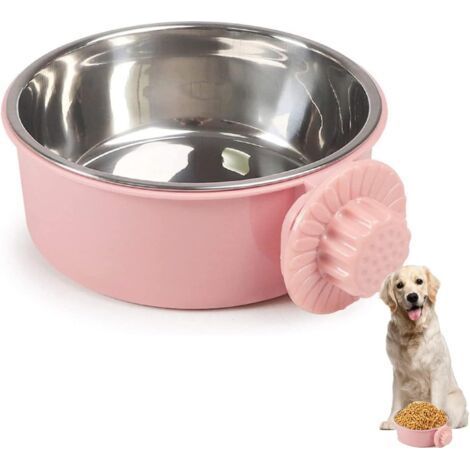 1 removable hanging stainless steel bowl, 13.5 cm diameter, pink, for food and water, for dogs, cats and small animals (1/5)