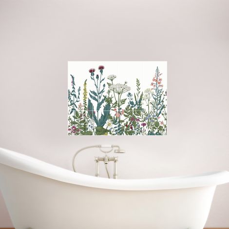 : Fresque adhésive carrelage 15x15 cm, 12 pièces, style herbier fleuri pour déco intérieure fraiche et végétale. (1/5)