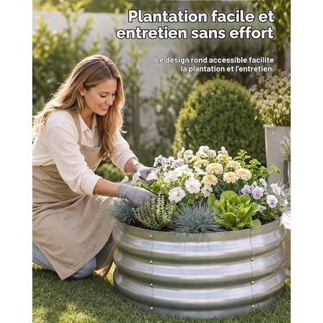 Potager surélevé Rond 60x30cm, bac de Jardin en métal galvanisé, jardinière extérieure pour légumes, Fleurs et Herbes aromatiques (1/4)