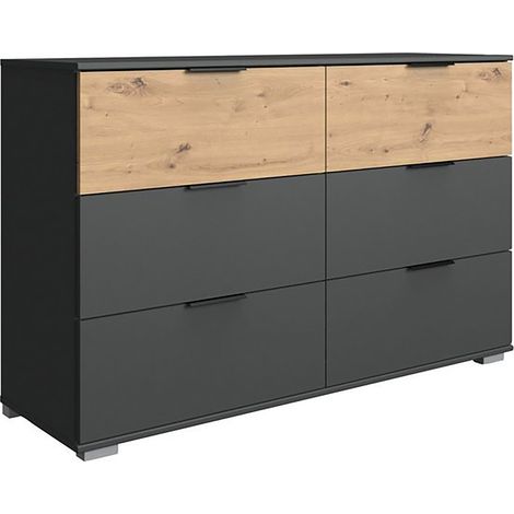 Pegane – Commode 6 tiroirs en panneaux mélaminés graphite/imitation chêne – Dimensions 130x90x41 cm – Meuble de rangement moderne (1/4)