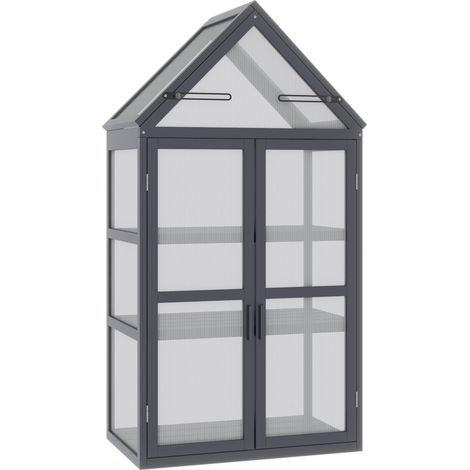 Mini-serre à châssis froid, 3 niveaux, toit à charnières, double porte en bois et polycarbonate, résistante aux intempéries, couleur naturelle, 70,5 x 42 x 132 cm