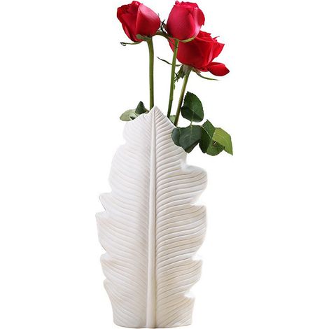 Vase décoratif en céramique blanche sans glaçure - Petit modèle feuille - 1 pièce - Vase pour fleurs séchées style nordique minimaliste (1/5)
