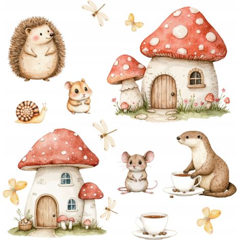 Adesivi murali per cameretta con animali del villaggio nella foresta e funghi, 120x80 cm. (1/5)