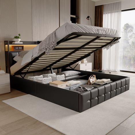 Lit Coffre 140x200 avec LED et USB,Lit Double Rembourré avec Rangement et Tete de lit,lit 2 Personnes Cadre de Lits avec Sommier à Lattes,PU,Noir(sans Matelas) (1/5)