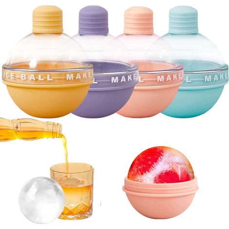 APEX Ensemble de quatre moules à glaçons, avec des boules de glace sphériques en silicone avec couvercle, de 67 mm de diamètre, convenant aux glaçons, au whisky, aux cocktails et aux jus. (1/5)