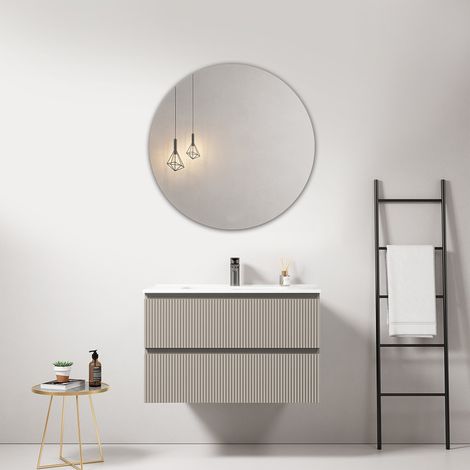 Mobile bagno sospeso cannettato 80 cm Grigio Cenere Lavabo in Ceramica Specchio Tondo - Fiji Paint (1/4)