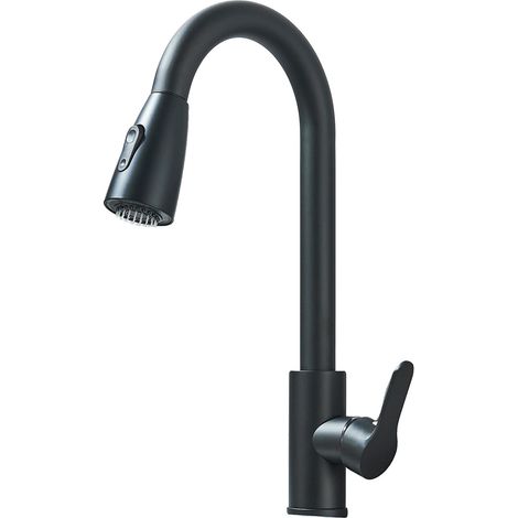Grifo de cocina con caño flexible retráctil y función de rociado giratorio, acabado en negro mate. (1/2)