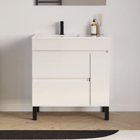 Meuble de salle de bain 80cm sur pieds avec vasque déportée à gauche - sans miroir - porte et tiroirs - blanc brillant - LAZARO (1/5)