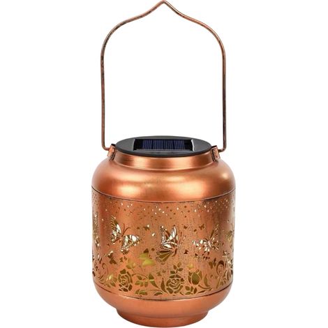 Lampe solaire de jardin étanche, en fer forgé, de conception ajourée, en forme de lanterne papillon, adaptée aux jardins et aux (1/5)
