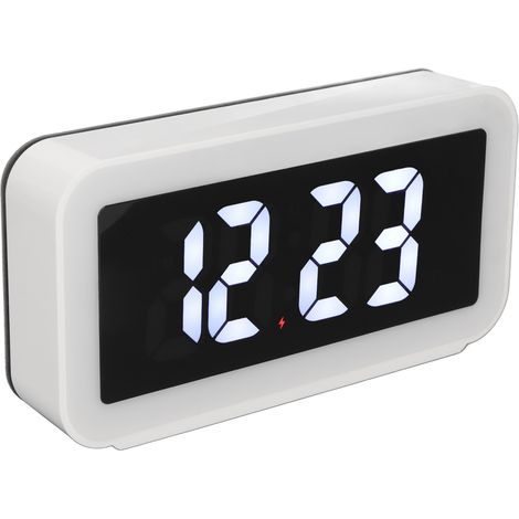 Réveil à chargement sans fil, chargement inversé USB, écran LED, réveil numérique rectangulaire, blanc pour une utilisation dans la chambre. (1/5)