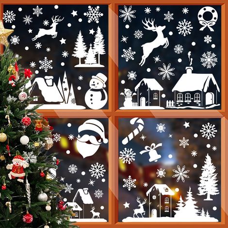 Autocollants blancs pour vitrines de Noël, guirlandes de Noël, flocons de neige, autocollants statiques, autocollants pour vitrines de traîneaux de rennes, décorations de Noël pour vitrines de magasin