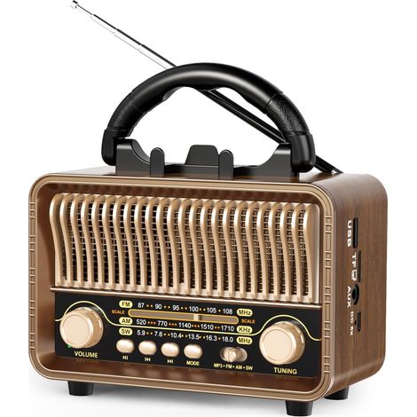 Radio Portable Vintage Rétro AM/FM/SW, Poste Transistor Alimenté par Batterie & Rechargeable, Compatible Carte Micro-SD/TF/AUX/USB en Lecteur, Haut-Parleur Bluetooth pour Maison & Extérieur (1/5)