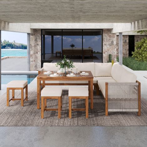 Ensemble salon de jardin en polyrotin 7-8 places – Canapé d’angle + 3 bancs + table en acacia – Résistant aux intempéries – Coussins beige (1/5)