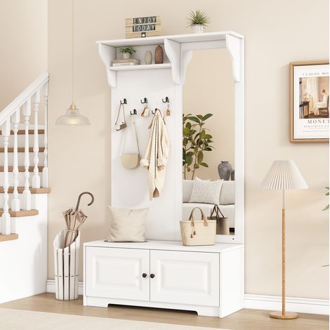 Recibidor con perchero en MDF blanco con 5 ganchos, espejo y banco zapatero, 100 x 40 x 180 cm (1/5)