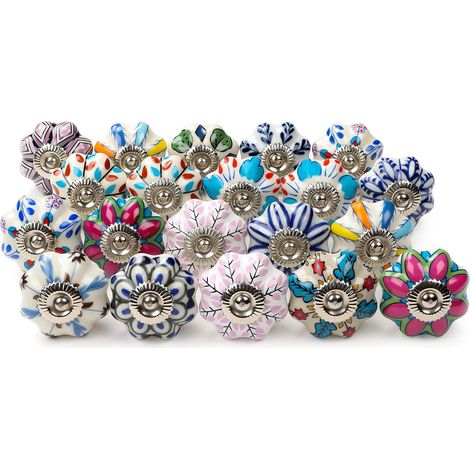 Assortiment de Boutons de Meuble Ronds en Céramique (Lot de 20) - Matériel de Montage Inclus - Poignées de Placard Design Vintage Multicolore pour Cuisine, Armoires, Commodes, et Penderies