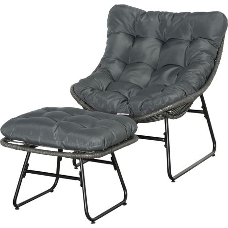 Rattan-Sessel mit Fußstütze, Gartenstuhl mit dicken Kissen, Outdoor-Rattanstuhl für Balkon, Terrasse und Garten – Grau