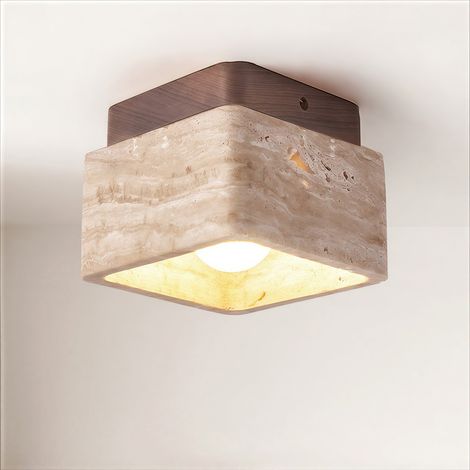 Plafonnier Intérieur 129cm, Lampe de Plafond en Pierre Jaune, Luminaire Moderne pour Salon Couloir Entrée Escalier (Ampoule Chaude Incluse) Carée Jaune+Noyer Bois