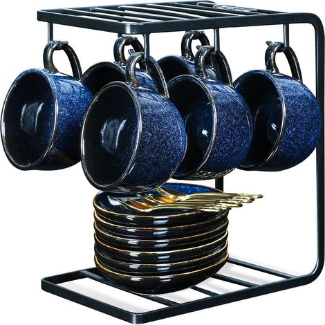 Lot de 6 tasses à café en céramique de 118 ml avec soucoupes, cuillères et support en métal pour thé, café, cappuccino, latte, bleu (1/5)