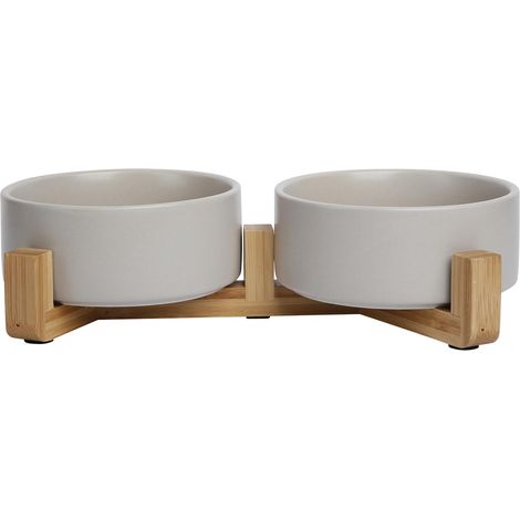 Gamelle Double Céramique avec Support en Bambou Antidérapant, Design Élégant, Capacité 2x850 ML, Idéale pour Chiens et Chats, Gris, Écologique, Modèle Bon Appetit