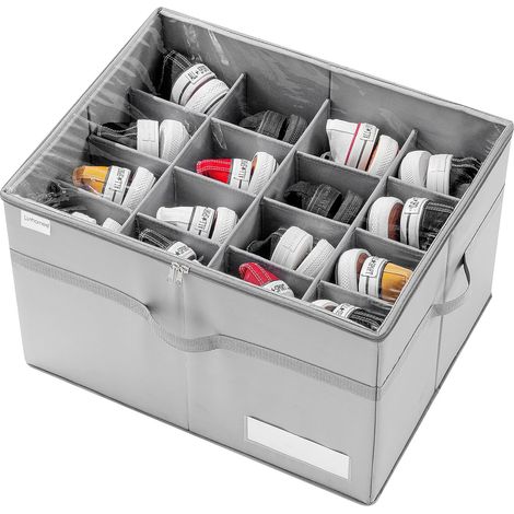 Organisateur de Chaussures pour le Placard, Convient à 16 Paires, Grandes Boîte Rangement Chaussures, Range Chaussure Transparente et Pliables, Boîtes à Chaussures avec Poignées Renforcées, Gris (1/5)