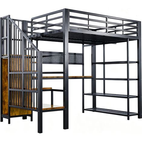 Hochbett 140x200 cm mit Schreibtisch, Stauraumtreppe, LED und Steckdose, schwarz MODENUIT (1/5)