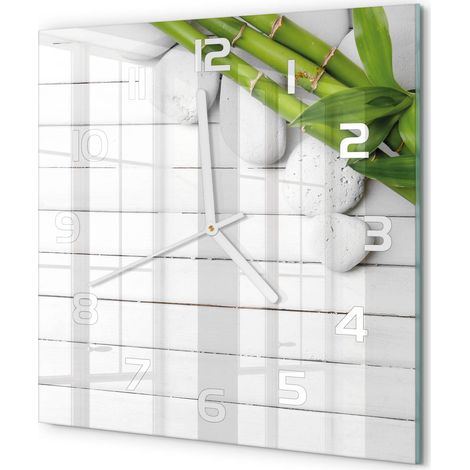 Horloge Murale Carrée Décoration Cuisine en Verre Trempé Silencieuse Moderne Bambou 30x30 cm (1/5)