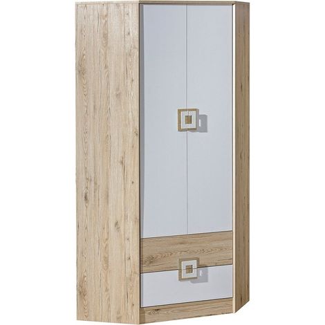 Mobilier1 – Armoire d'angle Tolfere 102 – Chêne clair et blanc – Dimensions 190x87x87 cm – 2 portes avec charnières – 3 étagères stratifiées (1/4)